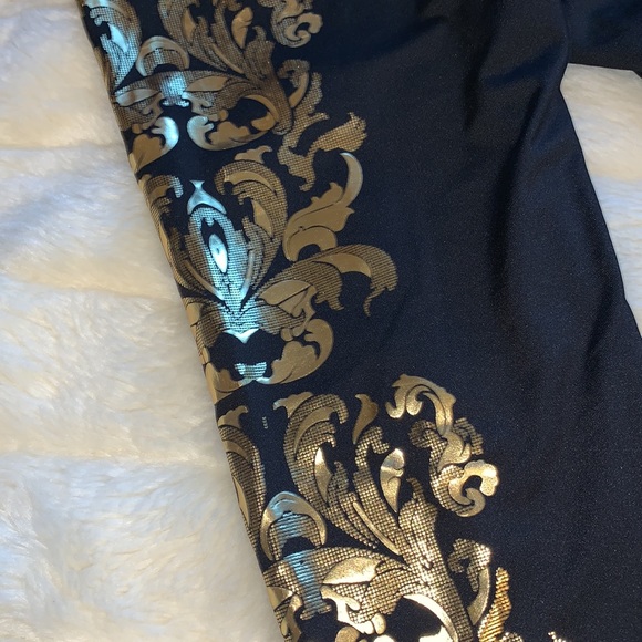 Y2k gold metallic foil filigree black leggings skinny pants M - Picture 10 of 13